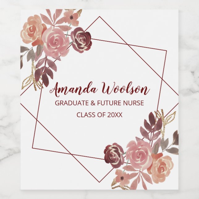 Graduation Pink Marsala Geometric Nurse Floral Wine Label (Single Label)