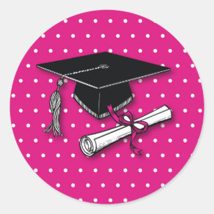 Graduation Pink Polka Dots Hat, Diploma Classic Round Sticker