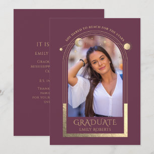 Graduation Plum Gold Sun Moon Stars Grad Photo Invitation