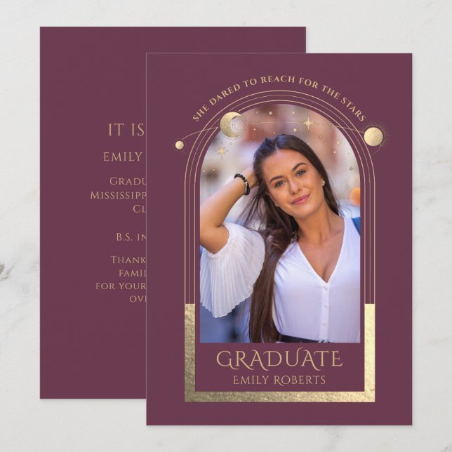 Graduation Plum Gold Sun Moon Stars Grad Photo Invitation (Front/Back)