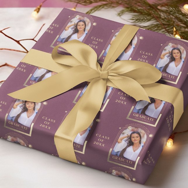 Graduation Plum Gold Sun Moon Stars Grad Photo Wrapping Paper (Creator Uploaded)