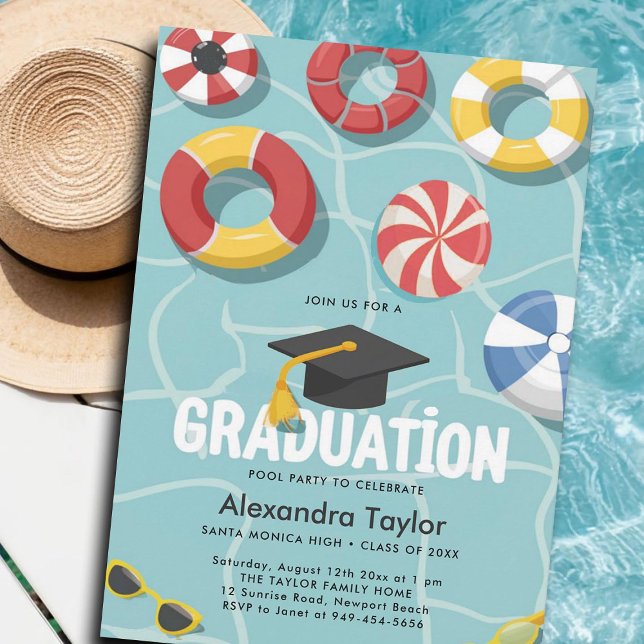 Graduation Pool Party High School College Fun Cool Invitation (graduation pool party invitation gender neutral high school college university 5th 8th grade modern)