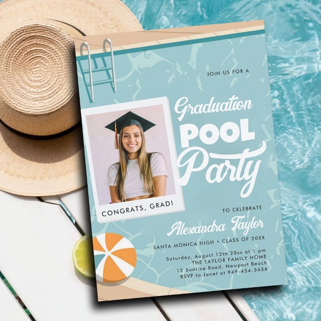 Graduation Pool Party Modern Summer Elegant Photo Invitation (graduation pool party invitations grad photo template cards summer calligraphy modern teal elegant)