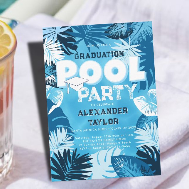 Graduation Pool Party Tropical Greenery Blue White Invitation (graduation pool party invitation tropical botanical greenery foliage template blue white backyard)