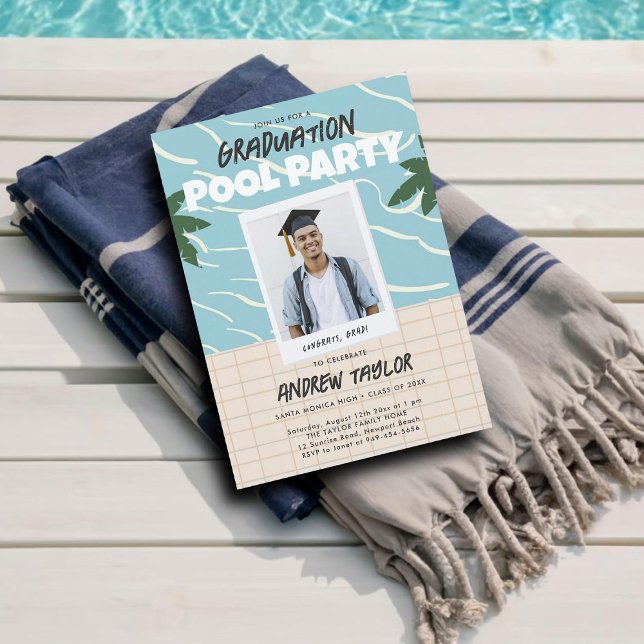 Graduation Pool Party Vintage Summer Elegant Photo Invitation (male high school graduation party ideas pool party invitations grad photo template summer teal blue)