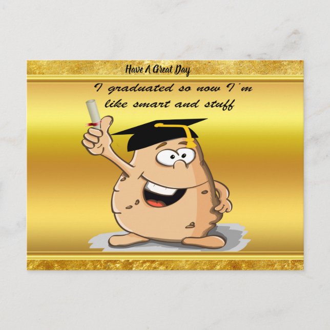 Graduation potato character with a degree announcement postcard (Front)
