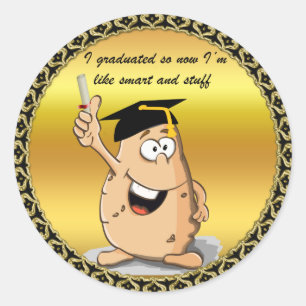 Graduation potato character with a degree classic round sticker