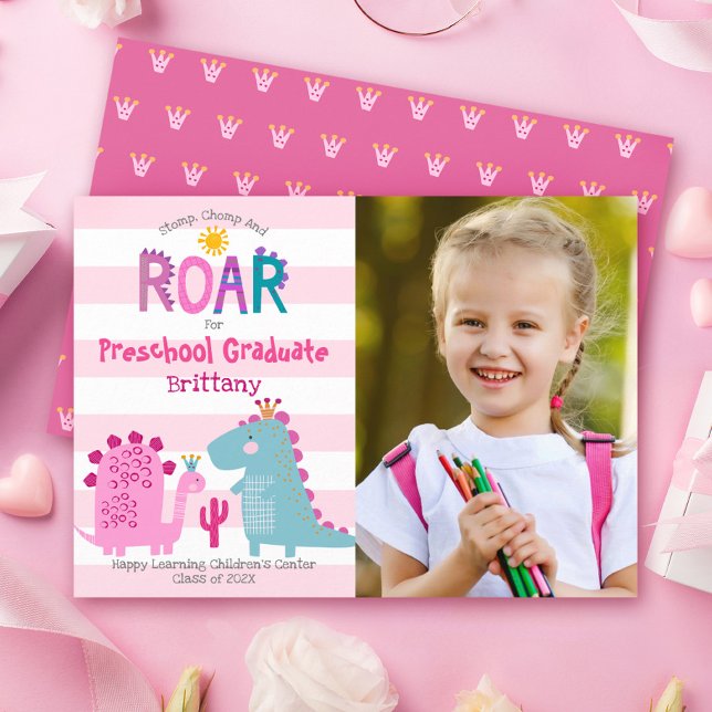 Graduation Preschool Photo Dinosaurs Girl Cute Fun Announcement (Creator Uploaded)