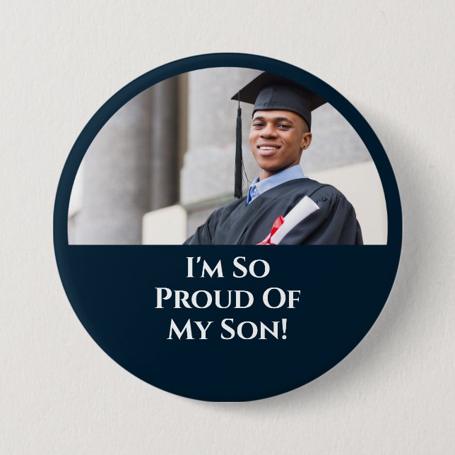 Graduation Proud Parent Son Graduating Photo Blue 7.5 Cm Round Badge (Front)