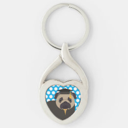 Graduation Pug on Blue Dotted Key Chain