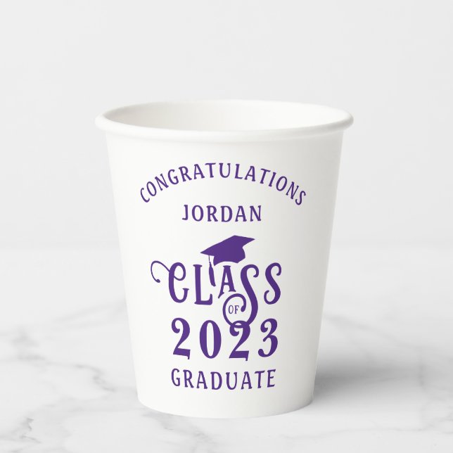 Graduation Purple Class Year Congrats Name Paper Cups (Front)