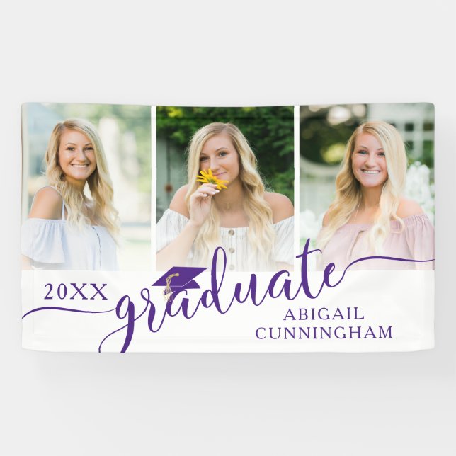 Graduation Purple Fancy Script 3 Photo Collage Banner (Horizontal)