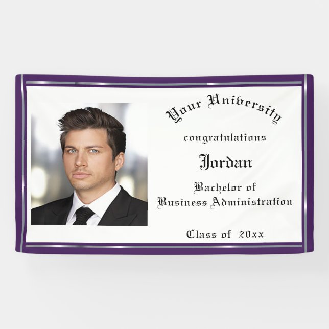 Graduation, Purple, Faux Silver Foil, Custom Banner (Horizontal)