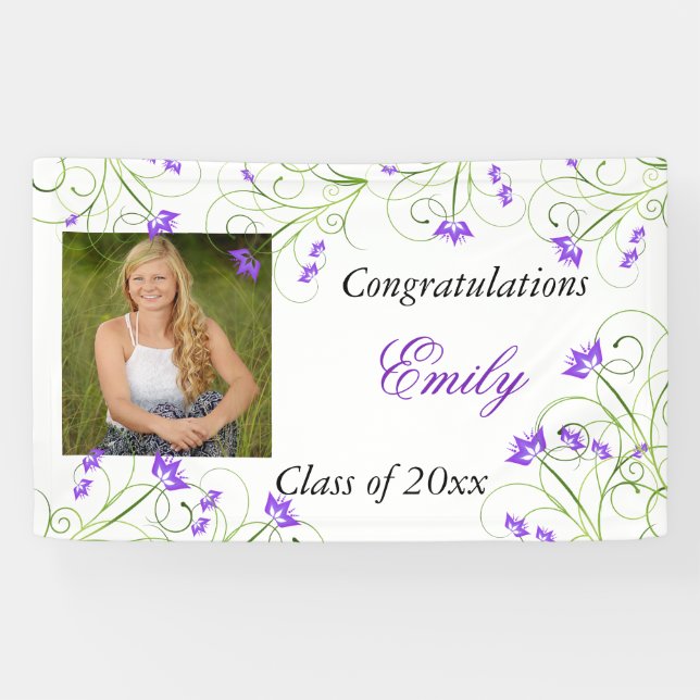 Graduation, Purple Floral, Custom Banner (Horizontal)