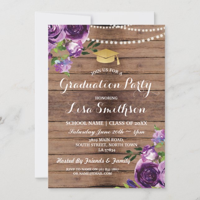 Graduation Purple Flowers Lights Wood Invite (Front)