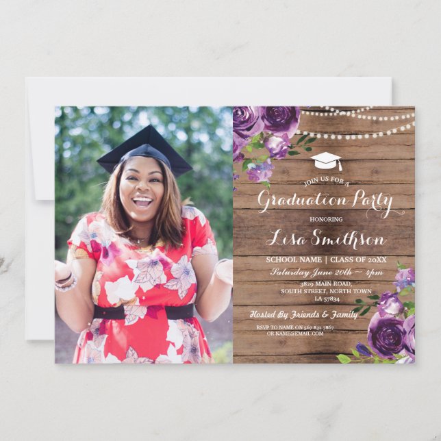 Graduation Purple Flowers Lights Wood Photo Invitation (Front)