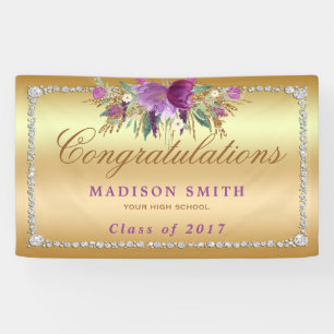 Graduation Purple Glitter Flowers Diamonds Gold Banner