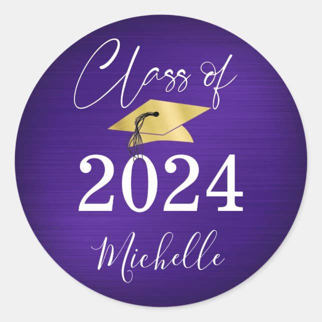 Graduation Purple Gold Cap Script Faux Metallic Classic Round Sticker (Front)