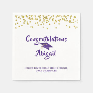 Graduation Purple Gold Confetti Brush Script Napkin