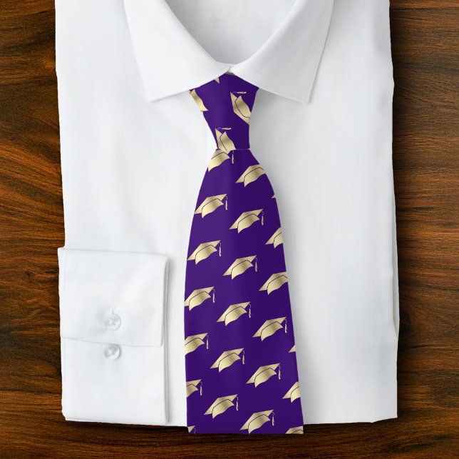 Graduation Purple Gold Foil Cap Icon Pattern Bold Tie (Creator Uploaded)
