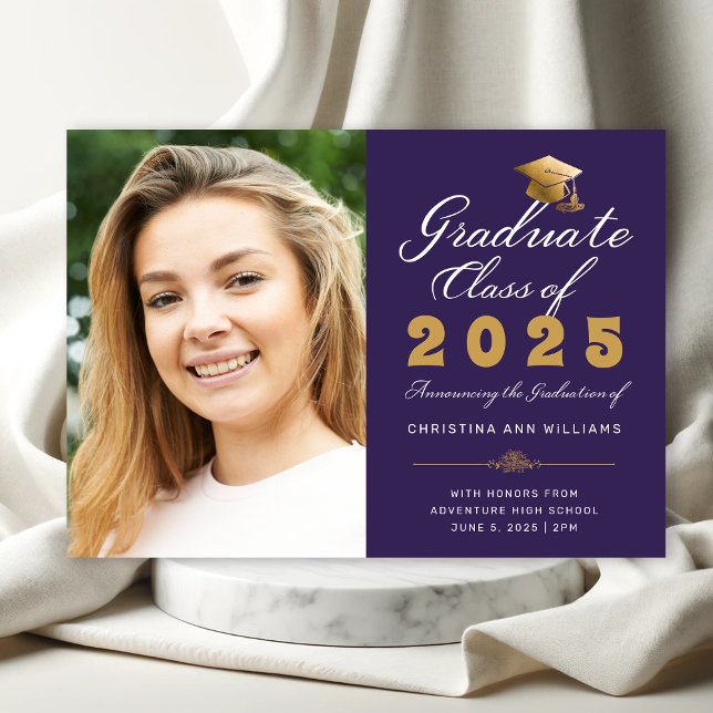 Graduation Purple Gold Script Class of 2025 Photo Announcement (Elegant Purple Photo Graduation Announcement with White and Gold Calligraphy)