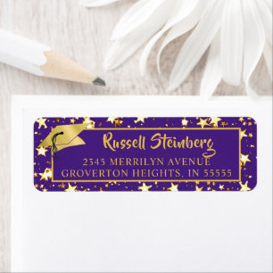 Graduation Purple Gold Stars Brush Script Label