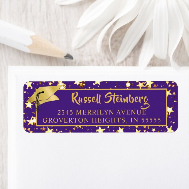 Graduation Purple Gold Stars Brush Script Label (Insitu)