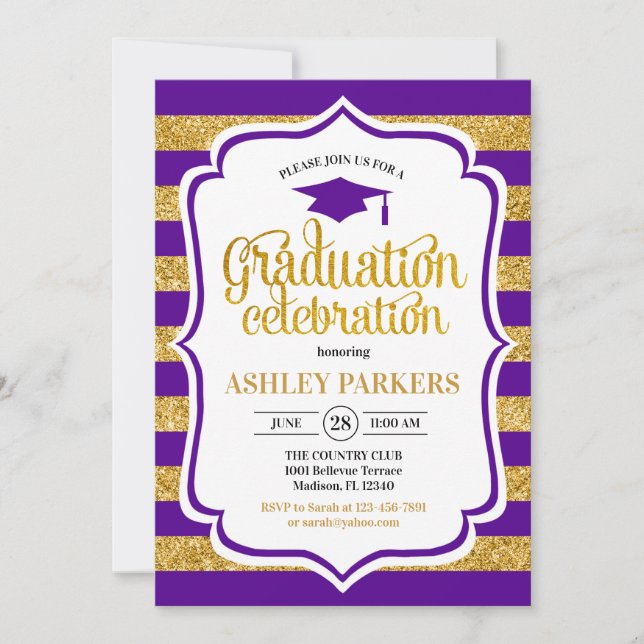 Graduation - Purple Gold Stripes Invitation (Front)