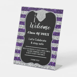 Graduation Purple Silver Stripes Party safety Pedestal Sign