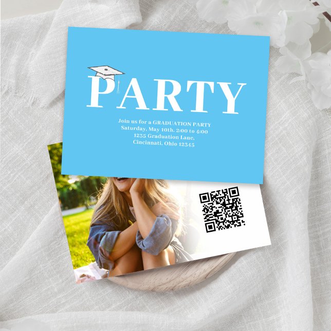 Graduation QR Code Modern Minimalist Photo Enclosure Card (Graduation photo invitation enclosure card with Carolina blue color theme. )