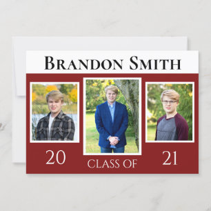 Graduation Red and White Three Photo Front Invitation