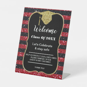 Graduation Red Black Stripes Party safety Pedestal Sign