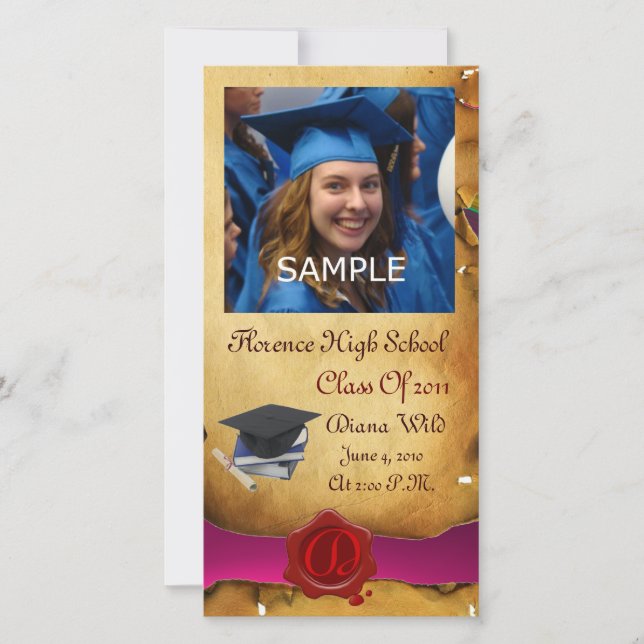 GRADUATION  RED BROWN WAX SEAL MONOGRAM pink Announcement (Front)