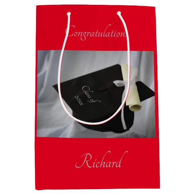 Graduation Red Cap & Diploma Personalised Medium Gift Bag (Front)