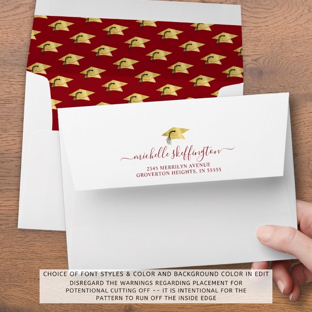 Graduation Red Gold Cap Pattern Return Address Envelope (Creator Uploaded)