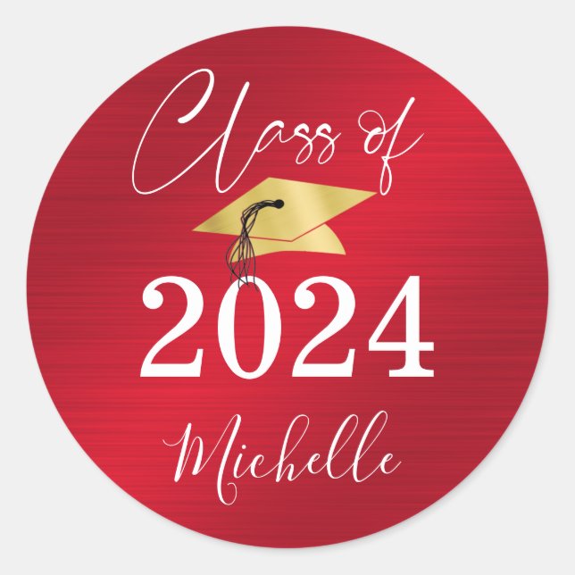 Graduation Red Gold Cap Script Year Faux Metallic Classic Round Sticker (Front)