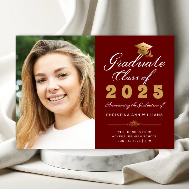 Graduation Red Gold Script Class of 2025 Photo Announcement (Elegant Red Photo Graduation Announcement with White and Gold Calligraphy)