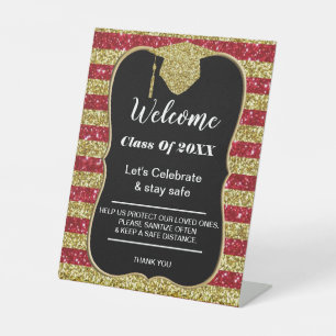 Graduation Red Gold Stripes Party safety Pedestal Sign