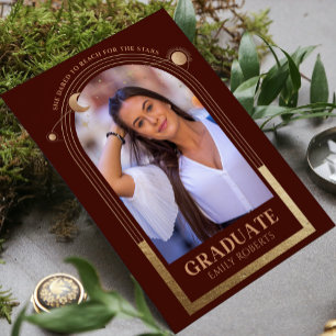 Graduation Red Gold Sun Moon Stars Grad Photo Invitation