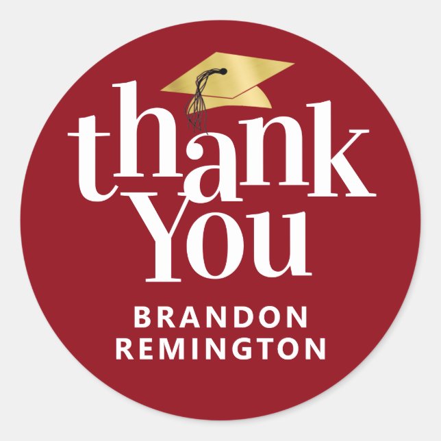 Graduation Red Gold THANK YOU Name Classic Round Sticker (Front)
