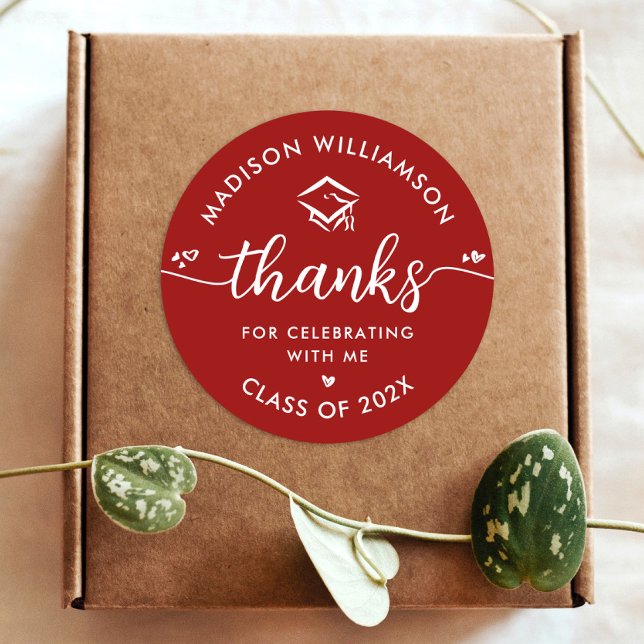 Graduation Red Modern Thank You Script Hearts Cap Classic Round Sticker (Creator Uploaded)