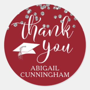 Graduation Red Silver Confetti Script THANK YOU Classic Round Sticker