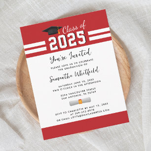 Graduation Red White Script Grad Party Invitation Postcard