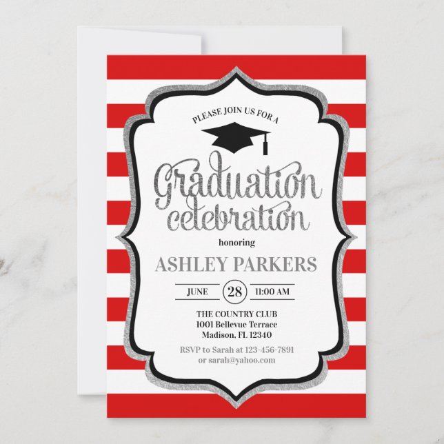 Graduation - Red White Silver Black Invitation (Front)