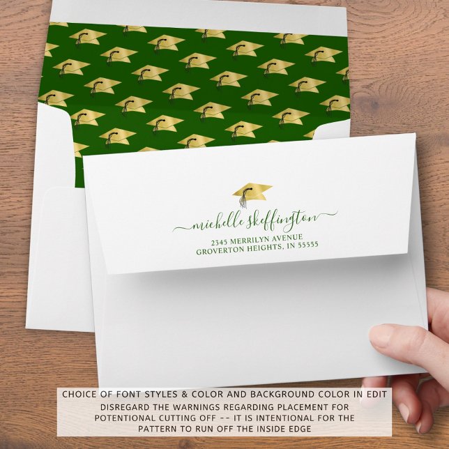 Graduation Return Address Green Gold Cap Script Envelope (Creator Uploaded)