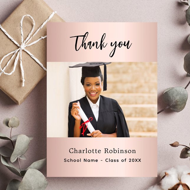 Graduation rose gold blush photo thank you card (Creator Uploaded)