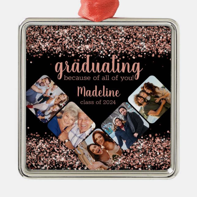 Graduation Rose Gold Glitter Five Photo Metal Tree Decoration (Front)