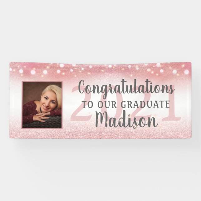 Graduation Rose Gold Pink Glitter Lights Photo Banner (Horizontal)