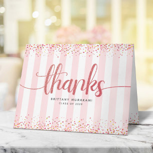 Graduation rose gold script pink and white stripes thank you card