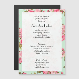 Graduation - Roses, Flowers, Leaves - Pink Green Magnetic Invitation